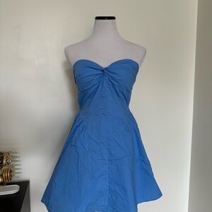 Blue Cotton Babydoll Basque Drop Waist Open-Back Ruched Strapless Sundress